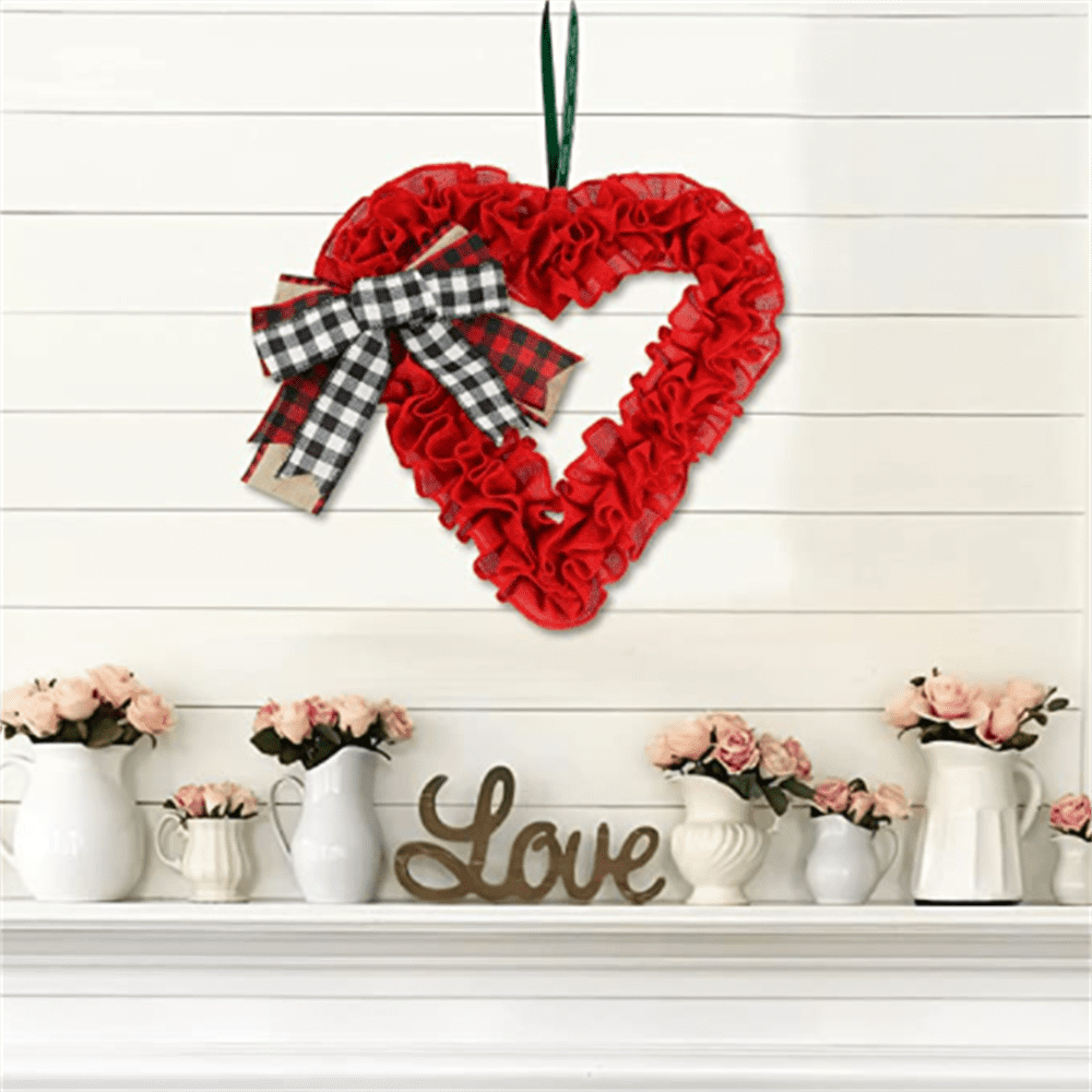 14 Inch Valentines Day Wreath Decorations, Burlap Heart Shaped Wreath with  Buffalo Plaid Bows for Front Door Farmhouse Valentine's Day Decorations  Party Supplies 