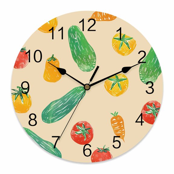 14 Inch Vegetables Tomatoes Wall Clock, Cucumbers Carrots Brown Battery Operated Silent Non Ticking Clocks, Easy to Read Round Wall Clock for Kitchen/Living Room/Bedroom/Bathroom