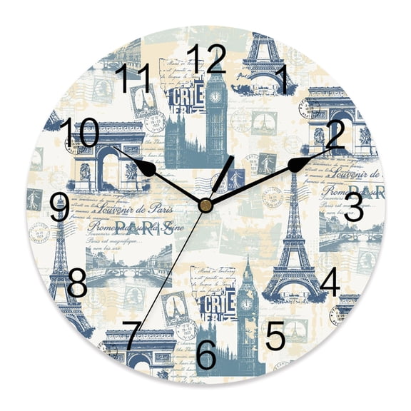 14 Inch Vintage Art Wall Clock, International Buildings Paris Towers Blue Grey Battery Operated Silent Non Ticking Clocks, Easy to Read Round Wall Clock for Kitchen/Living Room/Bedroom/Bathroom