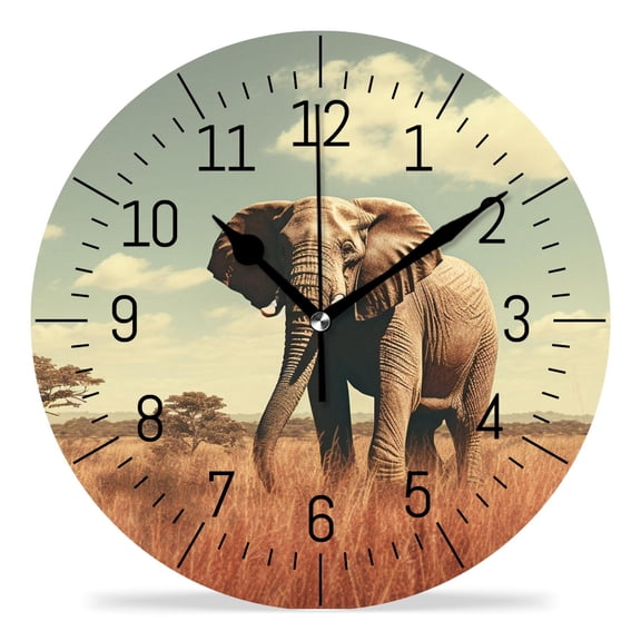 14 Inch Wall Clock Battery Operated Silent Clock Decorative for Office, Kitchen, Outdoor, Living RoomAfrican Elephant Mountain Landscape Nature Image