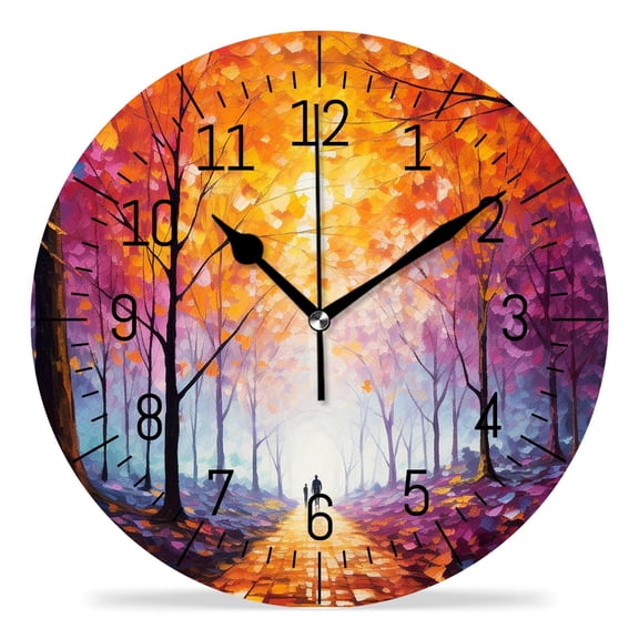 14 Inch Wall Clock Battery Operated Silent Clock Decorative for Office, Kitchen, Outdoor, Living Room，Autumn Forest Bright Red Leaves Blue Sky Creative Pattern