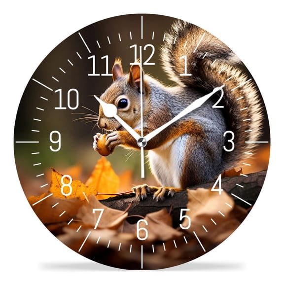 14 Inch Wall Clock Battery Operated Silent Clock Decorative for Office, Kitchen, Outdoor, Living Room，Autumn Squirrel Forest Leaves Landscape Nature Pattern