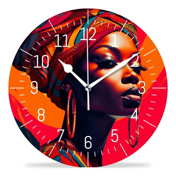 14 Inch Wall Clock Battery Operated Silent Clock Decorative for Office, Kitchen, Outdoor, Living Room，Beautiful African Woman Tribal Ethnic Watercolor Image