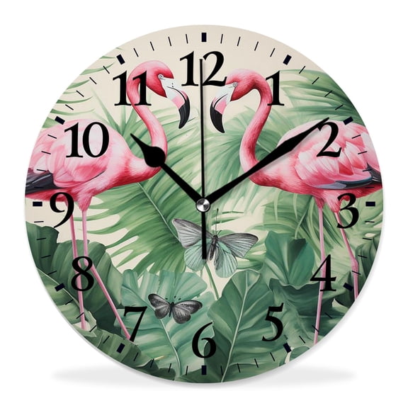 14 Inch Wall Clock Battery Operated Silent Clock Decorative for Office, Kitchen, Outdoor, Living Room，Beautiful Flamingo Tropical Butterflies Palm Leaves Image