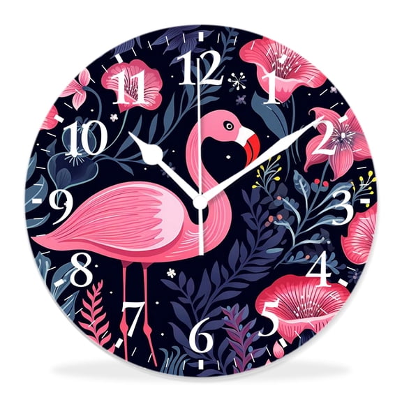 14 Inch Wall Clock Battery Operated Silent Clock Decorative for Office, Kitchen, Outdoor, Living RoomBeautiful Flamingo Tropical Plant on Purple Painting