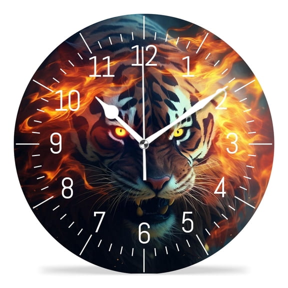 14 Inch Wall Clock Battery Operated Silent Clock Decorative for Office, Kitchen, Outdoor, Living Room，Big Fire Tiger Walking And Roaring on Black Beautiful