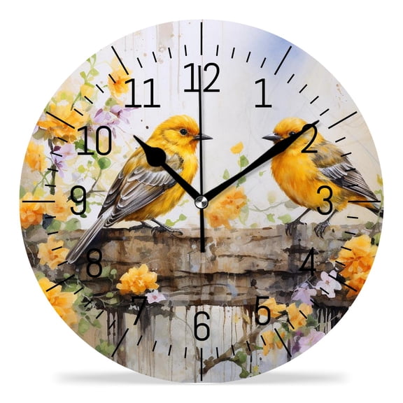 14 Inch Wall Clock Battery Operated Silent Clock Decorative for Office, Kitchen, Outdoor, Living RoomBirds Autumn Flowers Sunflowers Leaves Wood Style