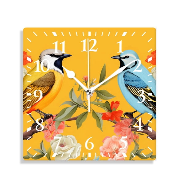 14 Inch Wall Clock Battery Operated Silent Clock Decorative for Office, Kitchen, Outdoor, Living Room,Birds and Flowers on a Yellow Background Lovely Pattern