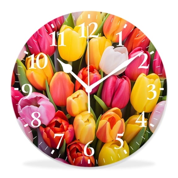 14 Inch Wall Clock Battery Operated Silent Clock Decorative for Office, Kitchen, Outdoor, Living Room，Bright Colored Tulip Flower Multicolor Spring Floral Print Art