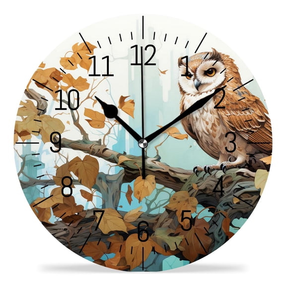 14 Inch Wall Clock Battery Operated Silent Clock Decorative for Office, Kitchen, Outdoor, Living Room，Cartoon Owl Bird Mushroom Autumn Maple Leaves Creative