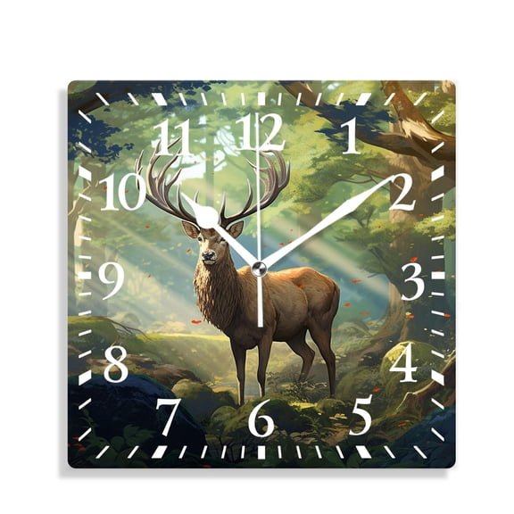 14 Inch Wall Clock Battery Operated Silent Clock Decorative for Office, Kitchen, Outdoor, Living Room，Deer in The Woods Watercolor Painting Lovely Design