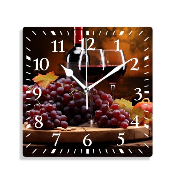 14 Inch Wall Clock Battery Operated Silent Clock Decorative for Office, Kitchen, Outdoor, Living RoomDelicious Red Wine with Grape on Wooden Table Lovely Pattern