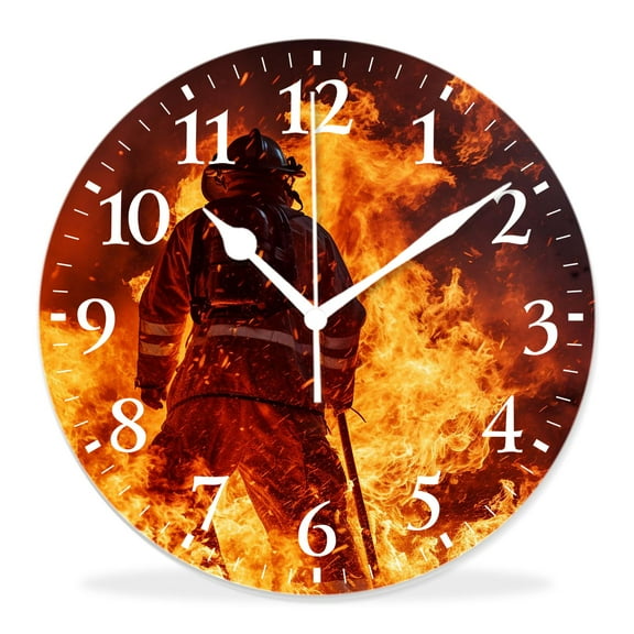 14 Inch Wall Clock Battery Operated Silent Clock Decorative for Office, Kitchen, Outdoor, Living Room，Firefighter Fireman Fighting in Fire Flame Multicolor