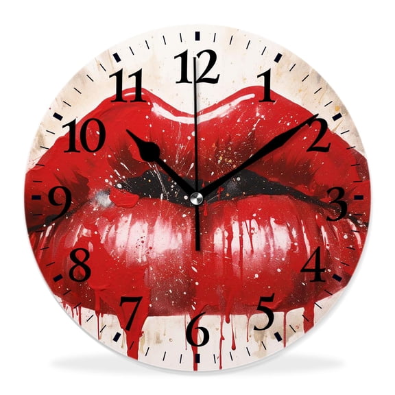 14 Inch Wall Clock Battery Operated Silent Clock Decorative for Office, Kitchen, Outdoor, Living Room，Kiss Red Lipstick Mark in The Shape Of a He Expression Creative