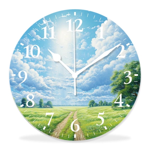 14 Inch Wall Clock Battery Operated Silent Clock Decorative for Office, Kitchen, Outdoor, Living RoomLandscape Nature Outdoor Scene with Grassy Hill Summer Elegant