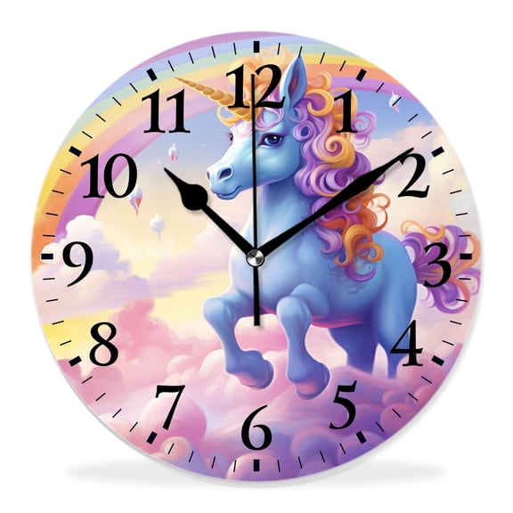 14 Inch Wall Clock Battery Operated Silent Clock Decorative for Office, Kitchen, Outdoor, Living RoomLittle Cute Unicorn on Cloud with Rainbow Star Print Beautiful