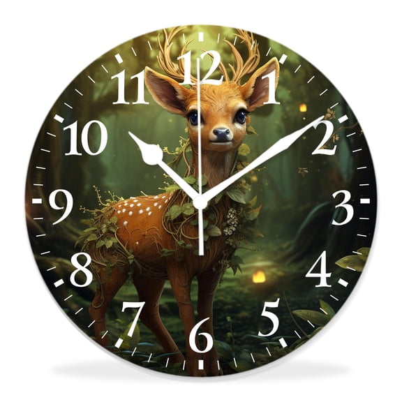 14 Inch Wall Clock Battery Operated Silent Clock Decorative for Office, Kitchen, Outdoor, Living Room，Little Deer Reindeer in Green Magic forest Drawing