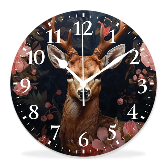 14 Inch Wall Clock Battery Operated Silent Clock Decorative for Office, Kitchen, Outdoor, Living RoomLuxurious Deer Gold Flower Bloom in Antler Picture