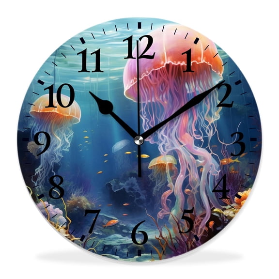 14 Inch Wall Clock Battery Operated Silent Clock Decorative for Office, Kitchen, Outdoor, Living RoomMarine Sea Life Underwater Dolphin Jellyfish Fish Coral Reef Floral Exquisite