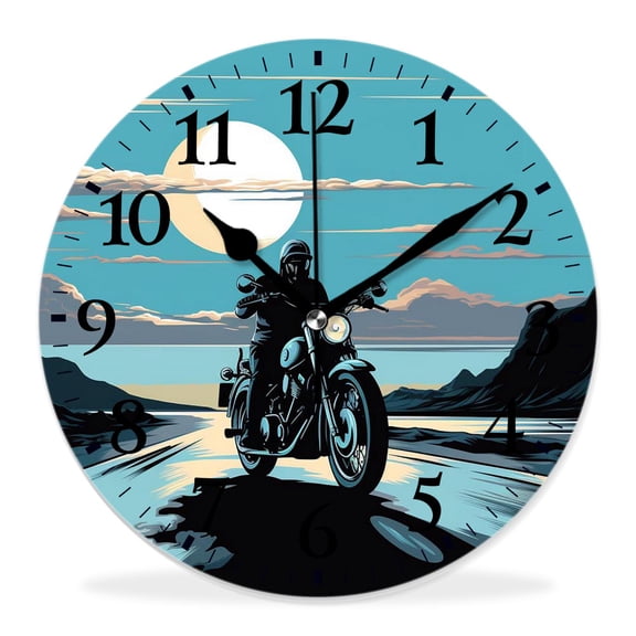 14 Inch Wall Clock Battery Operated Silent Clock Decorative for Office, Kitchen, Outdoor, Living Room，Motorcycle with Motorcycle Biker Starry Night Image