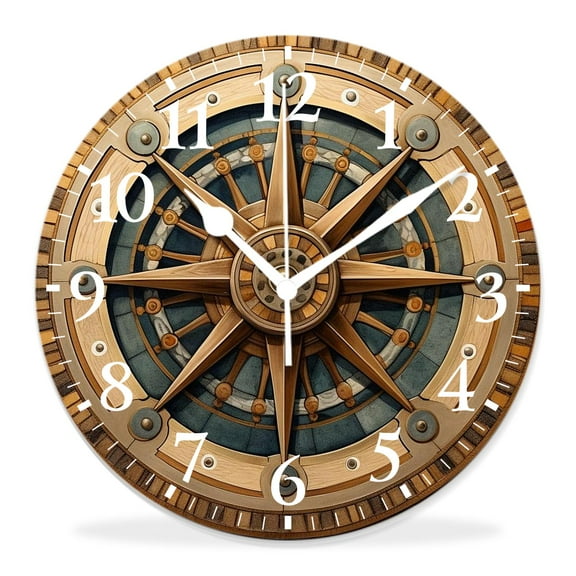 14 Inch Wall Clock Battery Operated Silent Clock Decorative for Office, Kitchen, Outdoor, Living RoomNavy Nautical Ship Wheel Pattern on Wooden Background Pattern