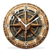14 Inch Wall Clock Battery Operated Silent Clock Decorative for Office, Kitchen, Outdoor, Living Room Navy Nautical Ship Wheel Pattern on Wooden Background Pattern