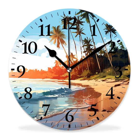 14 Inch Wall Clock Battery Operated Silent Clock Decorative for Office, Kitchen, Outdoor, Living Room，Ocean Beach Palm Tree Blue Sky White Cloud Tropical Summer Elegant