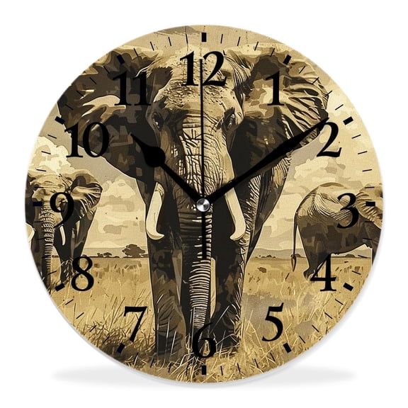 14 Inch Wall Clock Battery Operated Silent Clock Decorative for Office, Kitchen, Outdoor, Living RoomOil Painting Elephant Animal with Baby Child in Autumn forest Woodland Elaborate