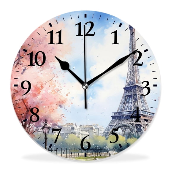 14 Inch Wall Clock Battery Operated Silent Clock Decorative for Office, Kitchen, Outdoor, Living RoomOil Painting Paris France City Eiffel Tower Style
