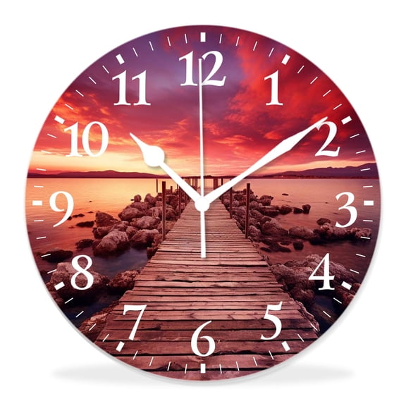 14 Inch Wall Clock Battery Operated Silent Clock Decorative for Office, Kitchen, Outdoor, Living RoomOrange Old Rustic Pier on The Beach and Romantic Creative
