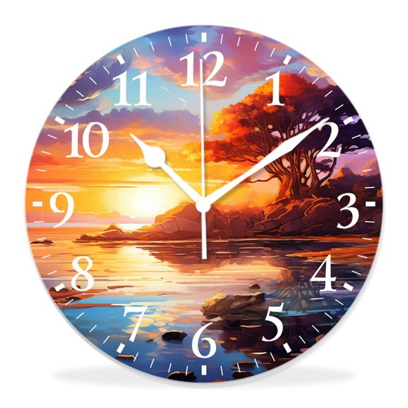 14 Inch Wall Clock Battery Operated Silent Clock Decorative for Office, Kitchen, Outdoor, Living Room，Orange Sunset View Seashore Beach Palms Tree Style