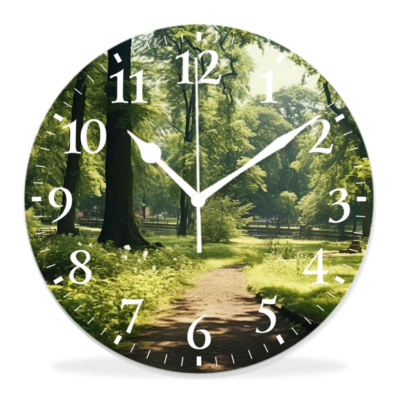 14 Inch Wall Clock Battery Operated Silent Clock Decorative for Office, Kitchen, Outdoor, Living RoomOutdoor Footpath Green City Park Sun Rays Freshness Hiking forest Exquisite