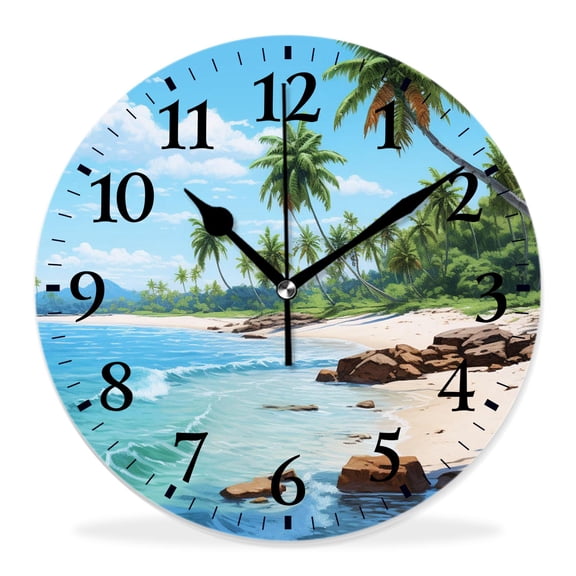 14 Inch Wall Clock Battery Operated Silent Clock Decorative for Office, Kitchen, Outdoor, Living Room，Palm Leaves Tropical Ocean Beach Summer Sea Exquisite