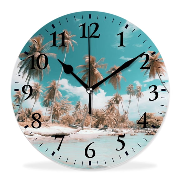 14 Inch Wall Clock Battery Operated Silent Clock Decorative for Office, Kitchen, Outdoor, Living Room，Palm Leaves Tropical Ocean Beach Summer Sea Pattern