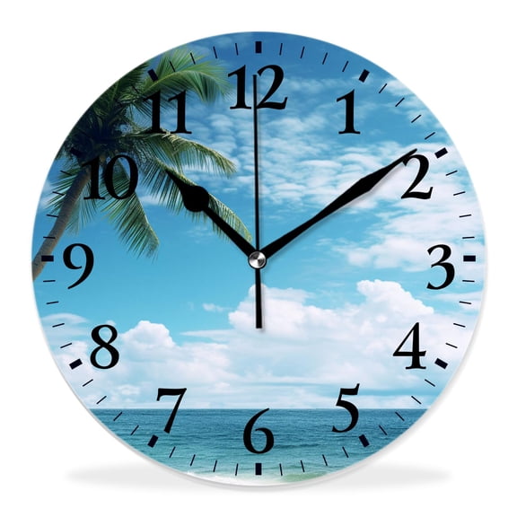 14 Inch Wall Clock Battery Operated Silent Clock Decorative for Office, Kitchen, Outdoor, Living RoomPalm Tree on Blue Ocean Beach Bright Sunshine Summer Time Design Drawing