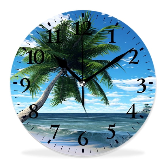 14 Inch Wall Clock Battery Operated Silent Clock Decorative for Office, Kitchen, Outdoor, Living RoomPalm Tree on Blue Ocean Beach Bright Sunshine Summer Time Design Multicolor