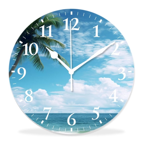 14 Inch Wall Clock Battery Operated Silent Clock Decorative for Office, Kitchen, Outdoor, Living RoomPalm Tree on Blue Ocean Beach Bright Sunshine Summer Time Design Drawing
