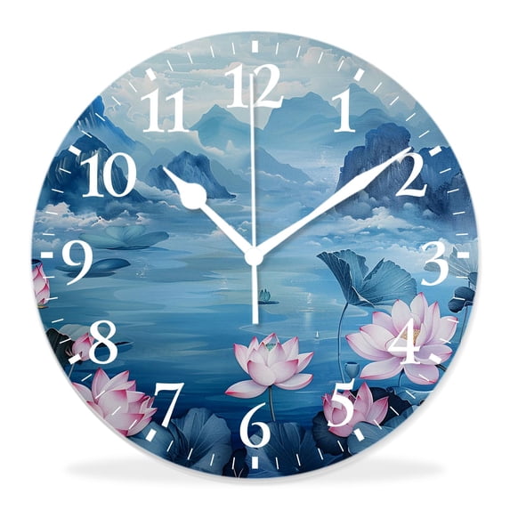 14 Inch Wall Clock Battery Operated Silent Clock Decorative for Office, Kitchen, Outdoor, Living Room,Pretty Lotus Mountain Cloud Fog Chinese Landscape Elegant
