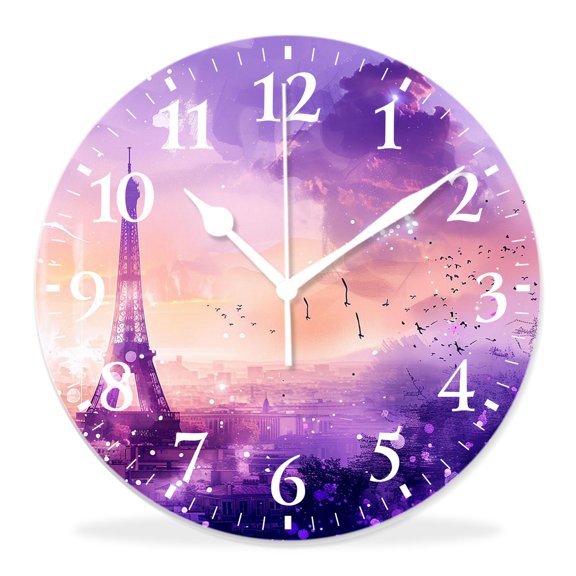 14 Inch Wall Clock Battery Operated Silent Clock Decorative for Office, Kitchen, Outdoor, Living RoomPurple Eiffel Tower Shape with Floral Plants Branch Natural
