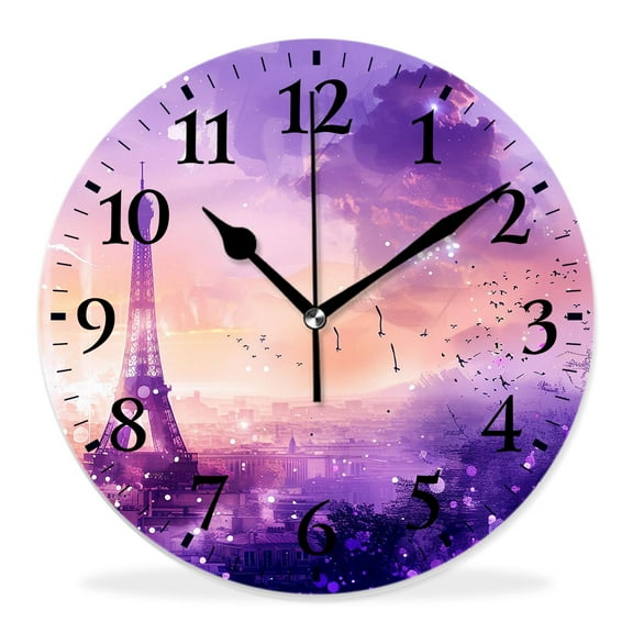 14 Inch Wall Clock Battery Operated Silent Clock Decorative for Office, Kitchen, Outdoor, Living RoomPurple Eiffel Tower Shape with Floral Plants Branch Natural