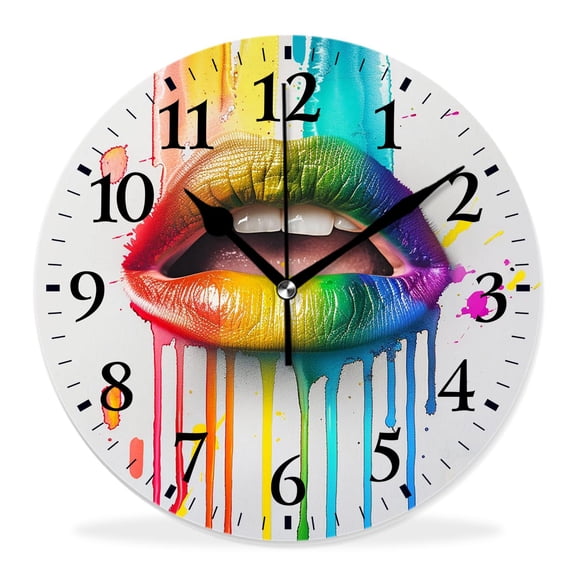 14 Inch Wall Clock Battery Operated Silent Clock Decorative for Office, Kitchen, Outdoor, Living RoomRainbow Color Lip Open Mouth Paint Flow on Beautiful Polka Dot Elegant