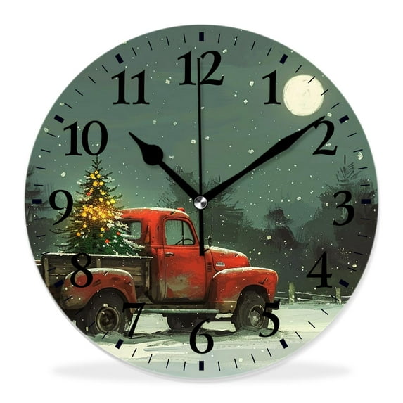 14 Inch Wall Clock Battery Operated Silent Clock Decorative for Office, Kitchen, Outdoor, Living Room,Red Christmas Truck with Green Tree Winter Snowflake Adorable