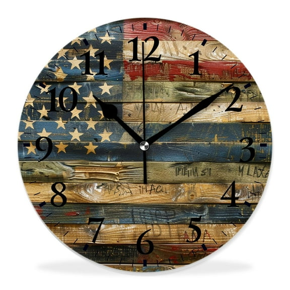 14 Inch Wall Clock Battery Operated Silent Clock Decorative for Office, Kitchen, Outdoor, Living Room，Retro Vintage Usa Wooden American Flag Fantastic