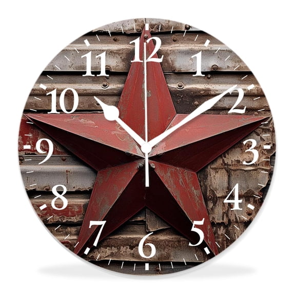 14 Inch Wall Clock Battery Operated Silent Clock Decorative for Office, Kitchen, Outdoor, Living Room,Rustic Wooden Background Pattern with Star Multicolor