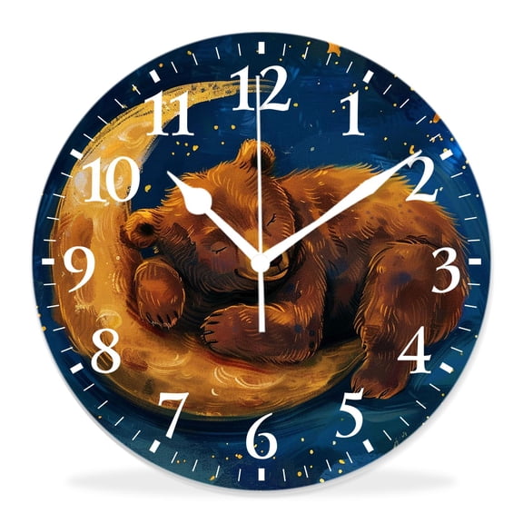 14 Inch Wall Clock Battery Operated Silent Clock Decorative for Office, Kitchen, Outdoor, Living RoomSleeping Bear on Moon Hanging Star Planet Creative