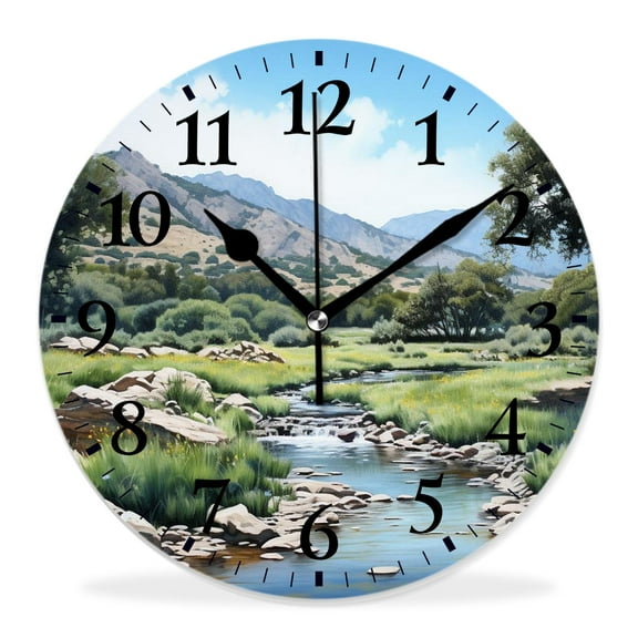 14 Inch Wall Clock Battery Operated Silent Clock Decorative for Office, Kitchen, Outdoor, Living Room,Small Spring forest Distant Mountain Picture Image