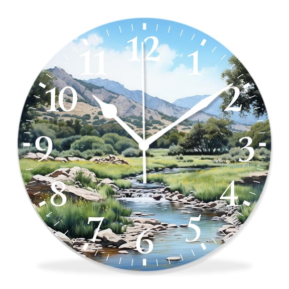 14 Inch Wall Clock Battery Operated Silent Clock Decorative for Office, Kitchen, Outdoor, Living Room，Small Spring forest Distant Mountain Picture Image