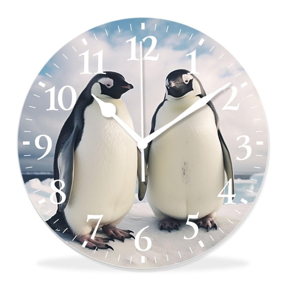 14 Inch Wall Clock Battery Operated Silent Clock Decorative for Office, Kitchen, Outdoor, Living RoomSouth Pole Penguin Hold Hand Stand on Rock with White Ocean Design