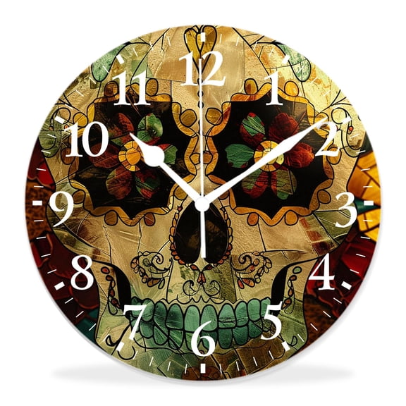 14 Inch Wall Clock Battery Operated Silent Clock Decorative for Office, Kitchen, Outdoor, Living Room，Sugar Skull Day of The Dead Floral Flower Graceful
