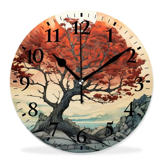 14 Inch Wall Clock Battery Operated Silent Clock Decorative for Office, Kitchen, Outdoor, Living Room,Sunset Rise Morning Scenery of Fall Autumn Valley Hills Lovely